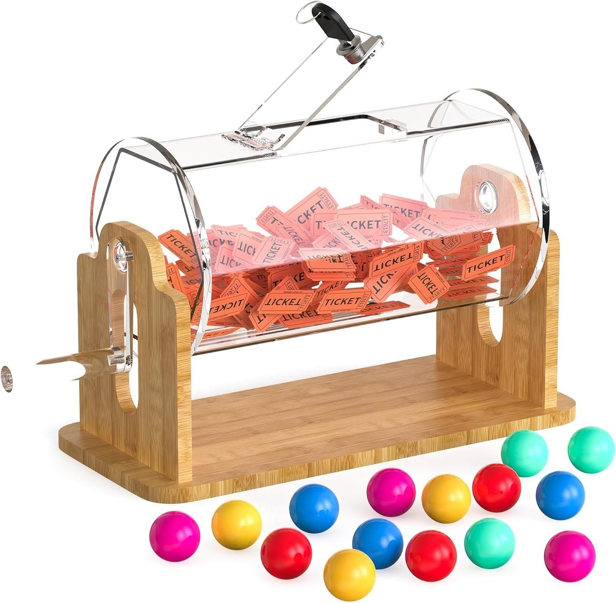 Acryl loterijdrum met bamboe basis voor evenementen en spellen, transparante prijs spinner voor 2000 tickets