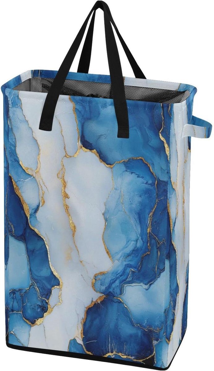Wasbak met handvatten Slanke mand Kleding opbergen Vrijstaand ontwerp 48L capaciteit Marmer koningsblauw