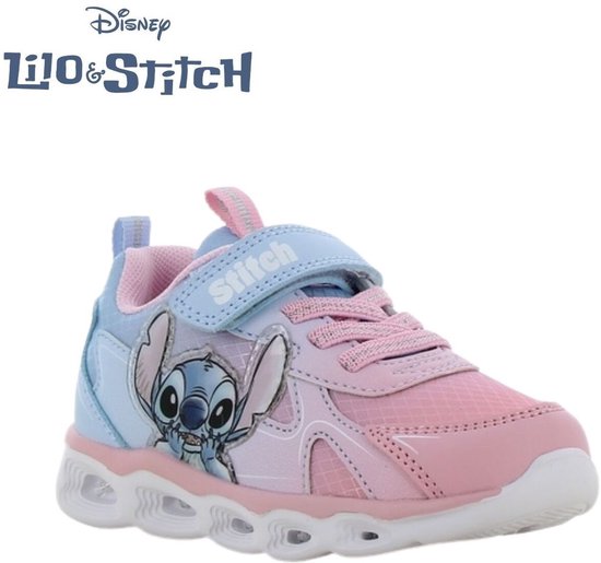 Roze en lichtblauwe kindersneaker met Stitch-print en klittenbandsluiting.