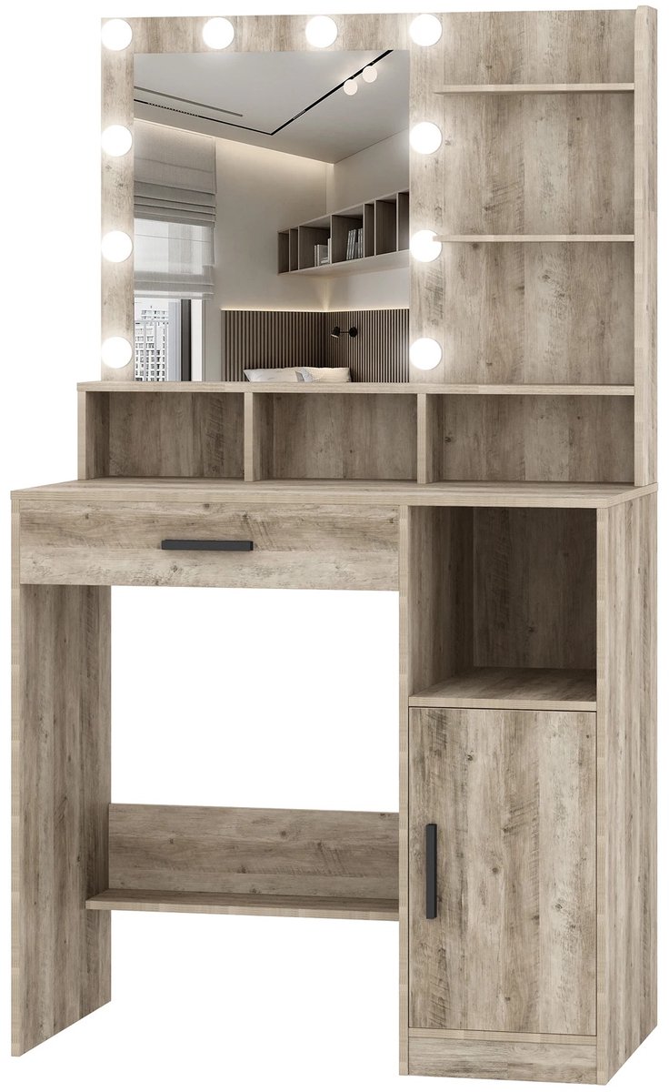Geargalaxy Make Up Tafel - Kaptafel - Spiegeltafel - Spiegelkast - Opmaakkast - Beautymeubel - Met Verlichting - 40x80x140cm - Grijs