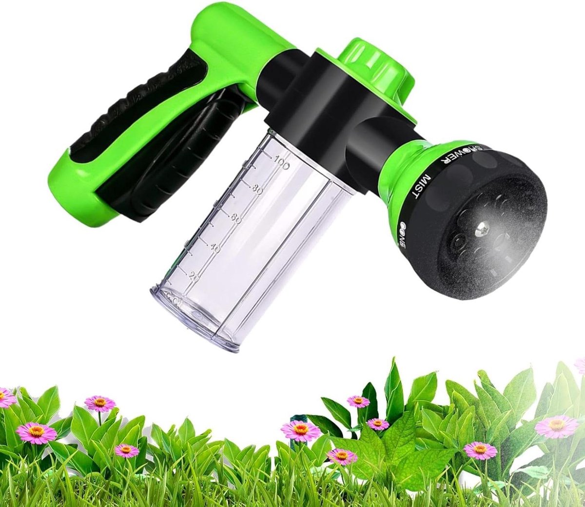 Slangmondstuk Heavy Duty - Lekvrije Sproeier - Auto Wassen - Met Zeepdispenser - 100 ml - Groen Geel
