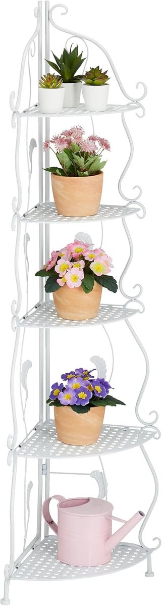 Famanu – Hoekplantenrek met 5 etages, afmetingen 136 x 30 x 30 cm, inklapbaar bloemenrek met vintage look, geschikt voor binnen, wit