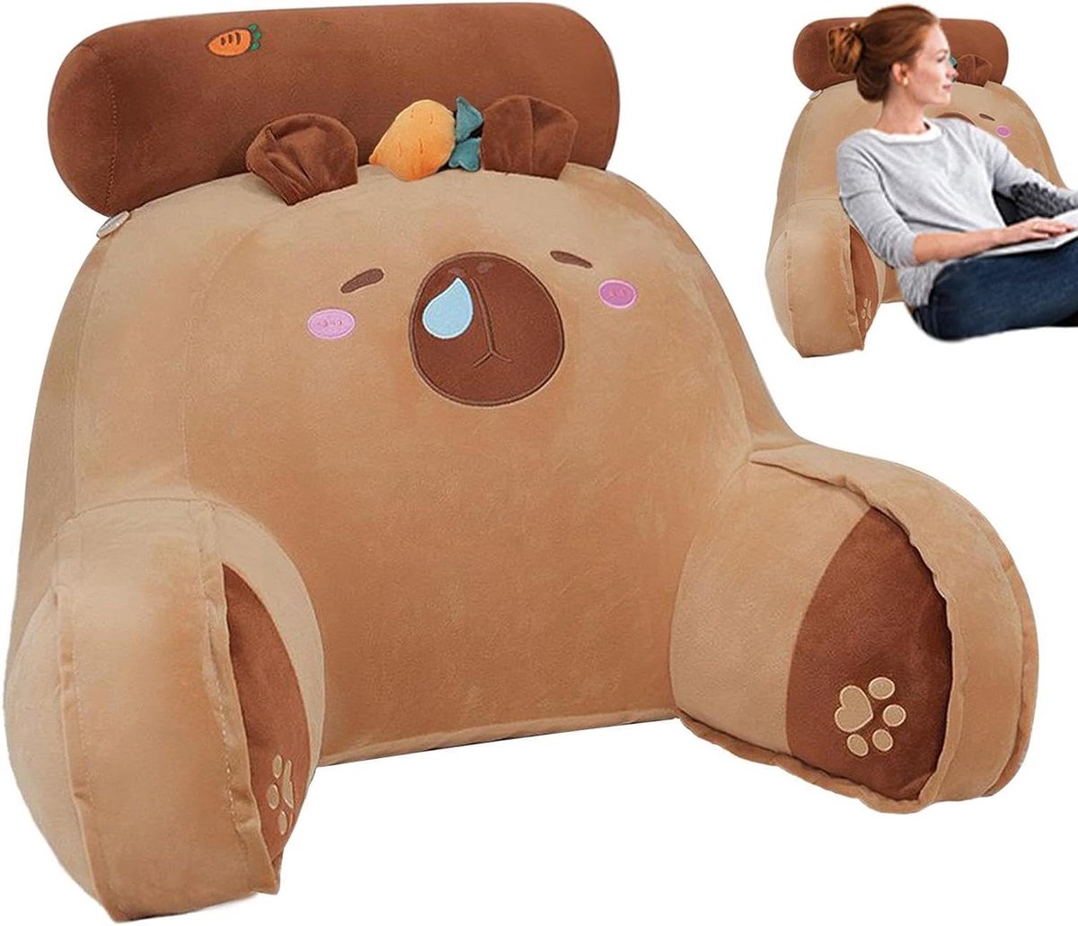 Leeskussen Kinderen - Bedkussen Armleuningen - Comfortabel Lezen - Capybara Wortel Design - 65x45 cm - Model E