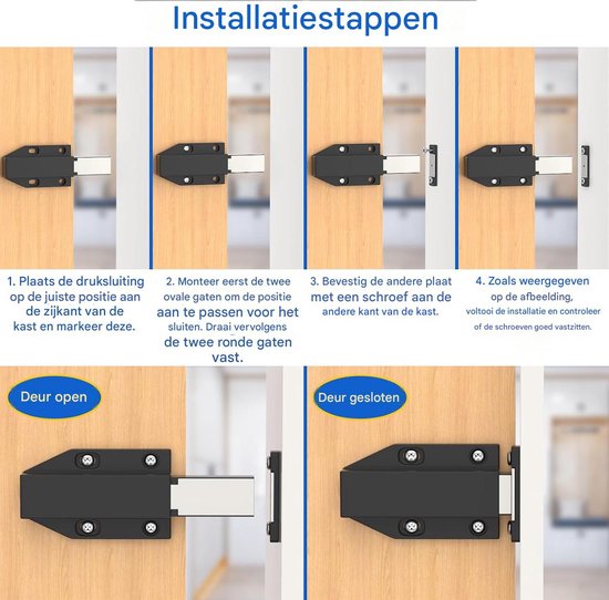 Installatiestappen voor magnetische druksluiting: Deur open en deur gesloten.