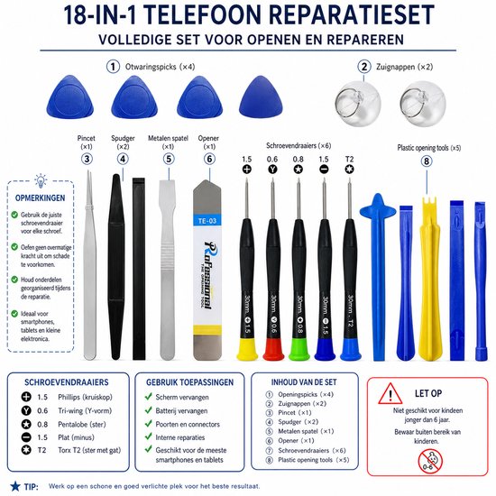 18-in-1 telefoon reparatieset met schroevendraaiers, pincetten, spudgers, zuignappen en openingstools. Voor smartphones en tablets.
