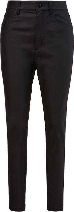 Zwarte broek met coating, vijf-pocketmodel met een slanke pasvorm en knoopsluiting.