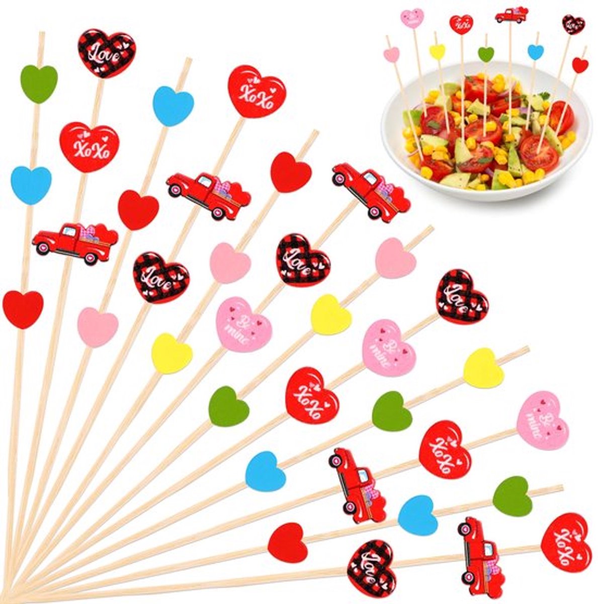 100 Stks Cocktail Sticks 5 Inch - Kleurrijke Hart Bamboe Voedsel Picks voor Decoraties
