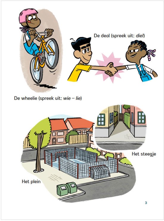 Boekpagina met illustraties van een meisje op een fiets, kinderen die elkaar de hand schudden en een voetbalveld.
