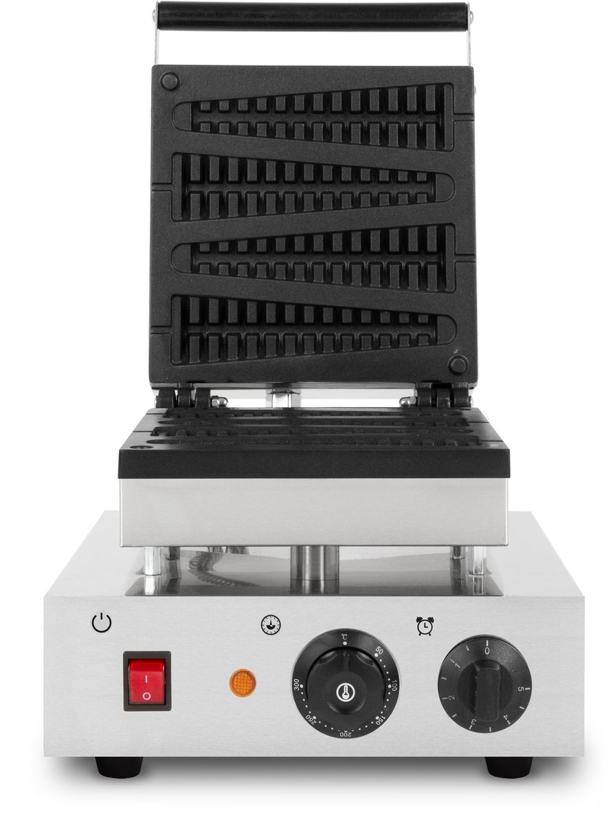 VERTES Wafelijzer op een stokje, 4 wafels tegelijk, 80 per uur, instelbare temperatuur van 0°-300°C, Teflon-gecoat gietijzeren wafelijzer met roestvrijstalen behuizing, 1800 watt, timerfunctie, hittebestendige handgreep