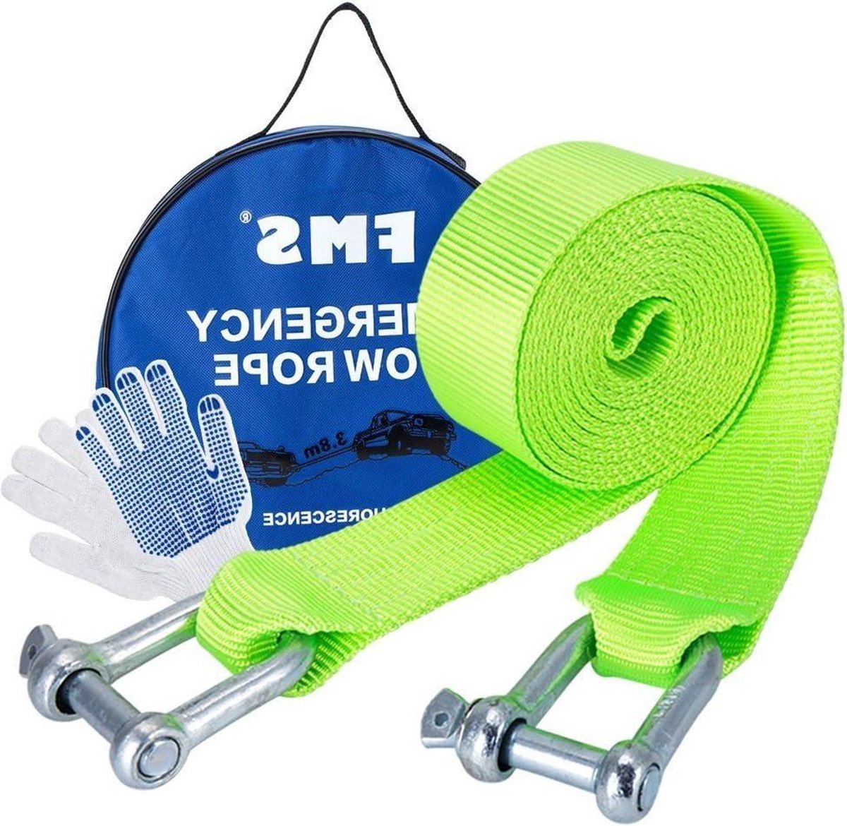 Herstel Sleepriem - Touw met Haken - Voertuig Berging - Heavy Duty Nylon - 3.8 Meter - Fluorescerend Groen