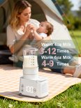 Een vrouw op een picknickkleed buiten bij een tent, die een baby voedt. Een glazen fles met melk staat op een witte flesverwarmer. Tekst: 'Warm 4oz Milk 6-12 Times, Warm 6oz Milk 4-9 Times'.