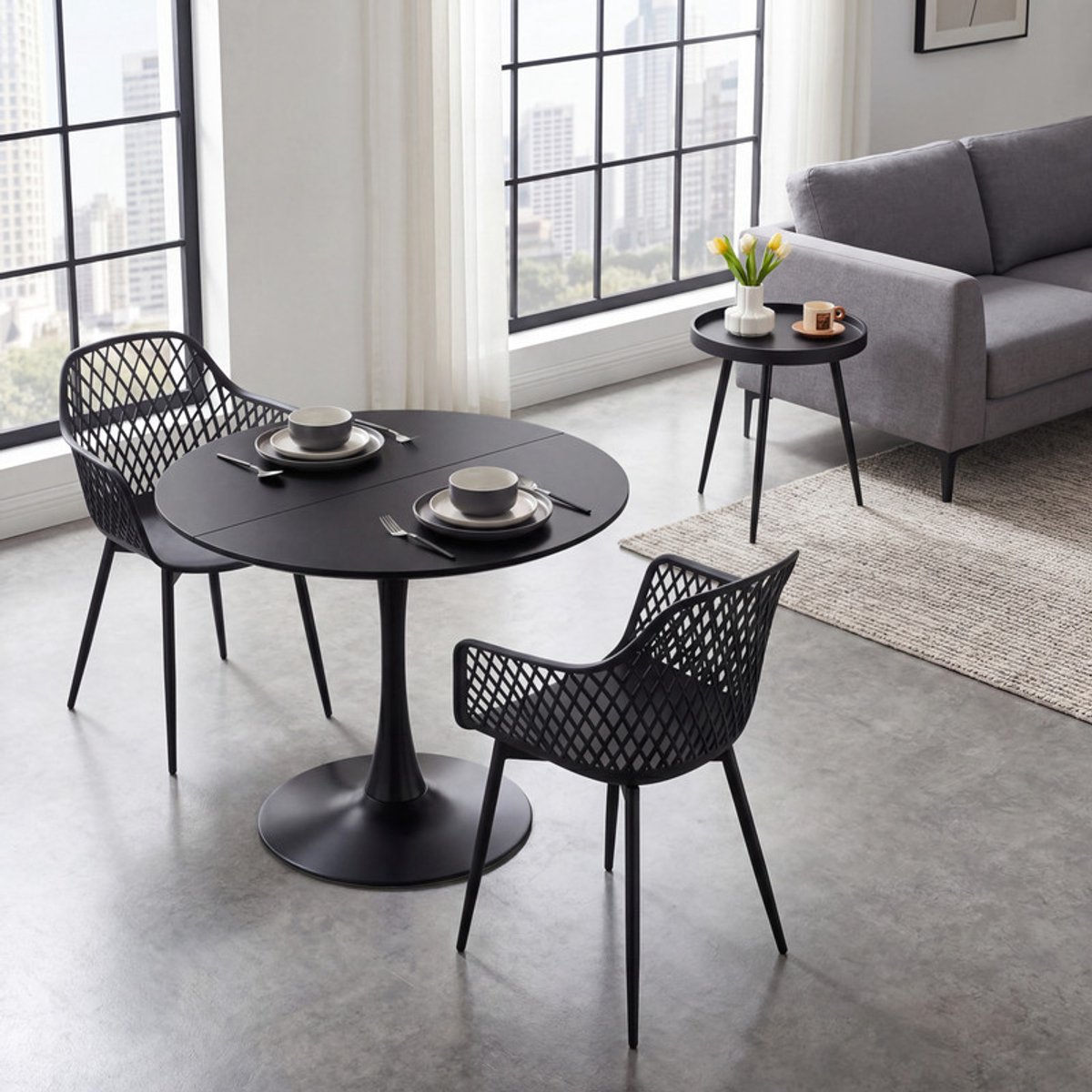 EGGREE Combinatieset: 3-delige tafel -en stoelenset + Ronde Zwarte eettafel/keukentafel 100 x 100 x 73 cm - Salontafel bijzettafel - Geschikt voor 2 tot 4 personen - Tafelblad met gesplitst ontwerp