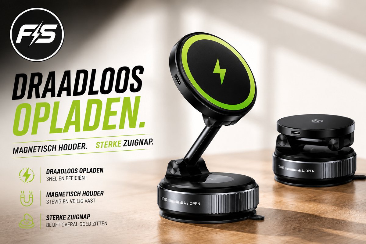 Multifunctionele 360° Magnetische Telefoonhouder met Vacuüm Zuignap FS Power Pack – 360° Magnetische Auto Telefoonhouder met Vacuüm Zuignap & 15W Draadloze Oplader – Dubbelzijdig, Universeel, Voor Auto / Thuis / Kantoor / Fitness