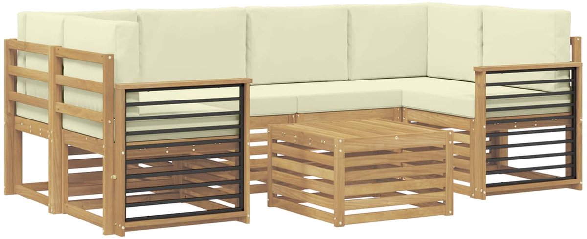 vidaXL Buiten - bank - set - 7 - st - 6-zits - White - and - Cream - Polyester Wit en crème