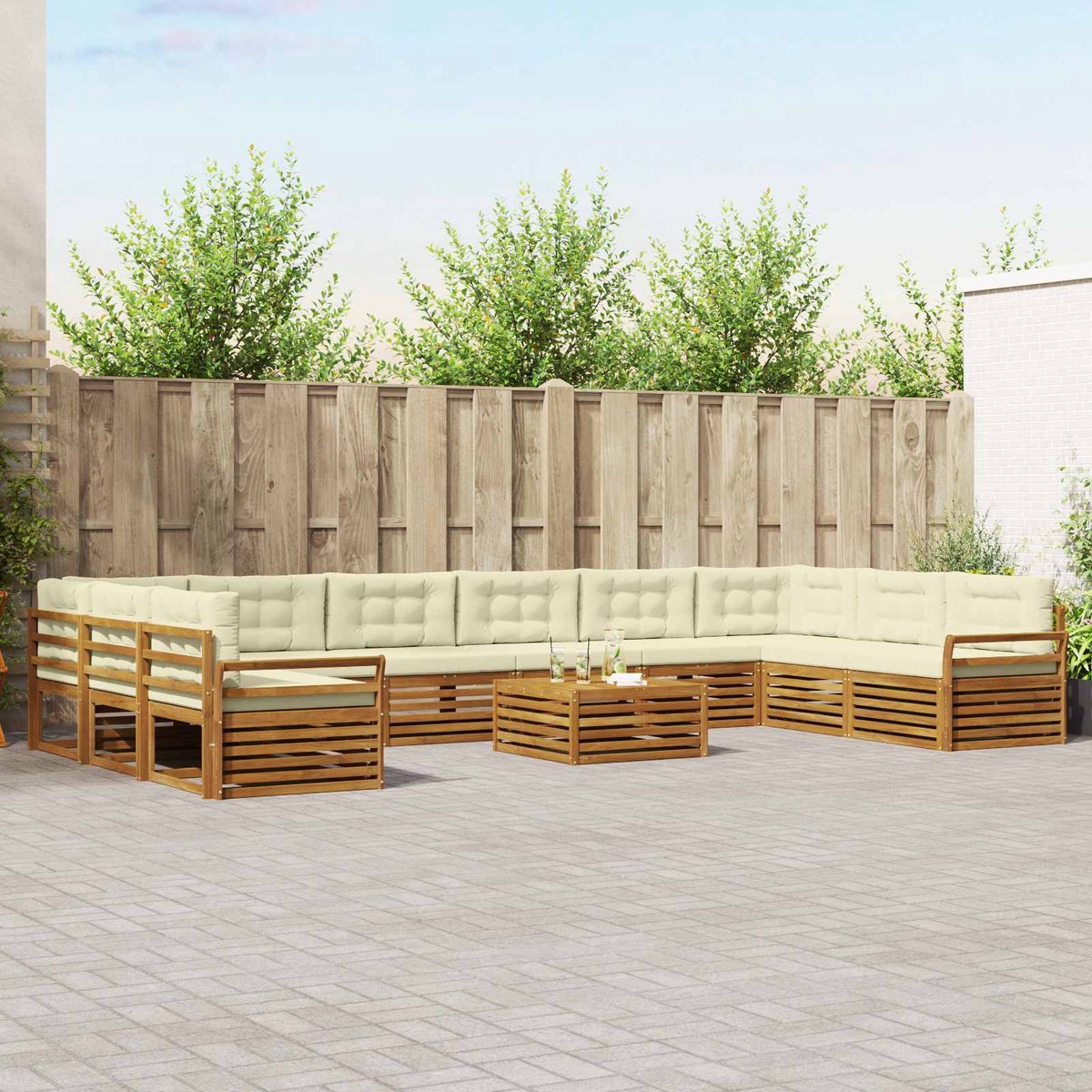 vidaXL Sofa-Sets - 11 - st - Natuurlijk - en - Crème - Massief - Acacia - Hout Natuurlijk en Crème