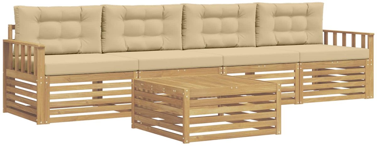 vidaXL Buiten - bank - set - 5 - st - 4-zits - Wit - en - Beige - Massief - Acacia - Hout Wit en Beige