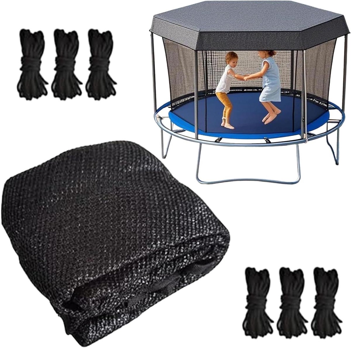 Trampoline Zonnescherm - Trampolinehoes Beschermhoes - Buiten Spelen - UV-werend Scheurvast - 8ft - 6 polen - Zwart