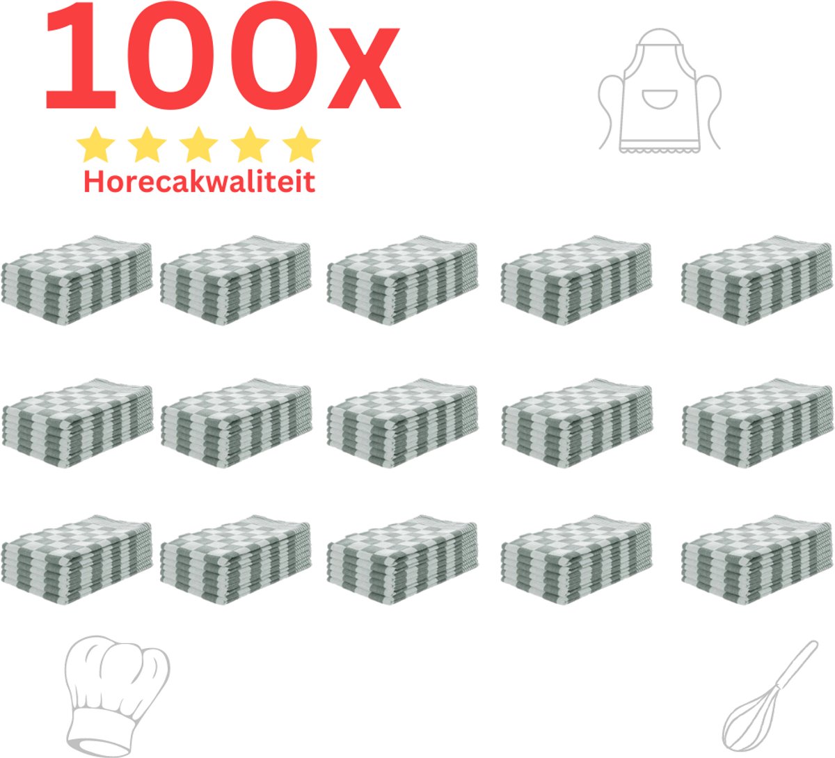 Theedoeken - Horeca Kwaliteit - Katoenenen Theedoeken set - 100 x - Groen Wit - Ophang Lus