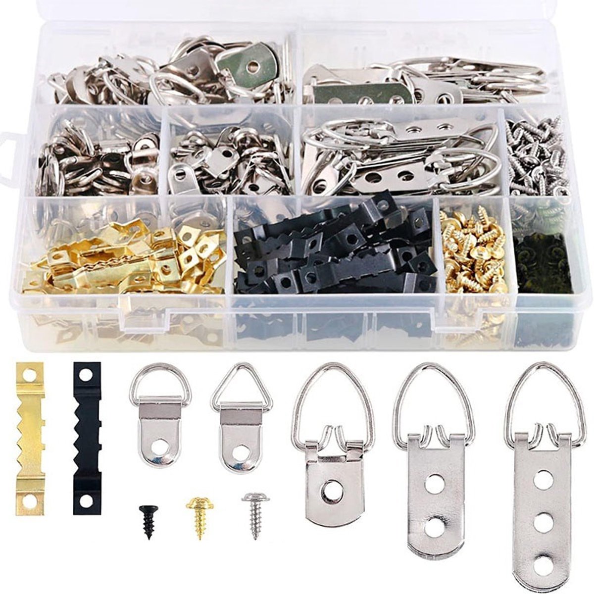 415-delige set ophanghaken voor schilderijen met schroeven, zware, gevarieerde set ophanghaken voor het ophangen van schilderijen in een transparante doos - 7 modellen, diverse haken met schroeven voor thuis, kantoor en fotoschilderen | Cyslmuk®