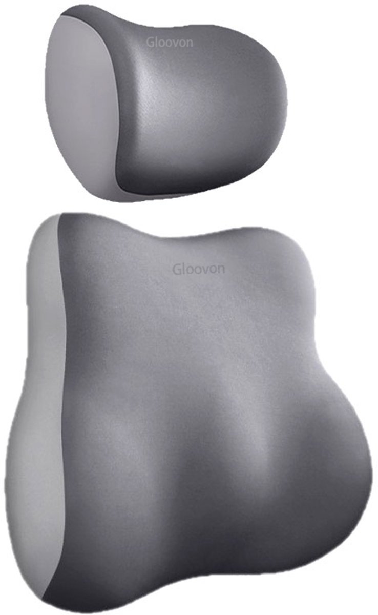 Gloovon® Ergonomische Kussenset (2-delig) - Lendensteun & Neksteun - 4-Zone Rugsteun - Traagschuim - Auto & Bureaustoel - Dubbel Grijs