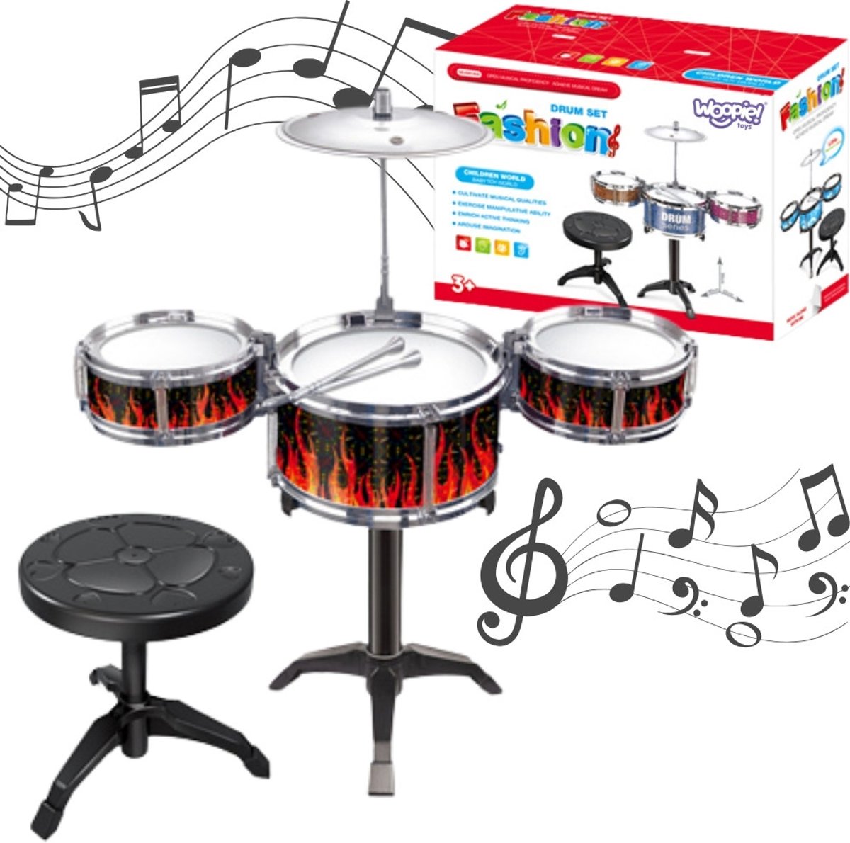 Woopie Educatieve percussie voor kinderen 3 drums 1 bekken + kruk - UNI