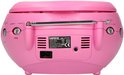 Achterkant van een roze Lenco draagbare stereo radio CD-speler.