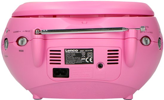 Achterkant van een roze Lenco draagbare stereo radio CD-speler.