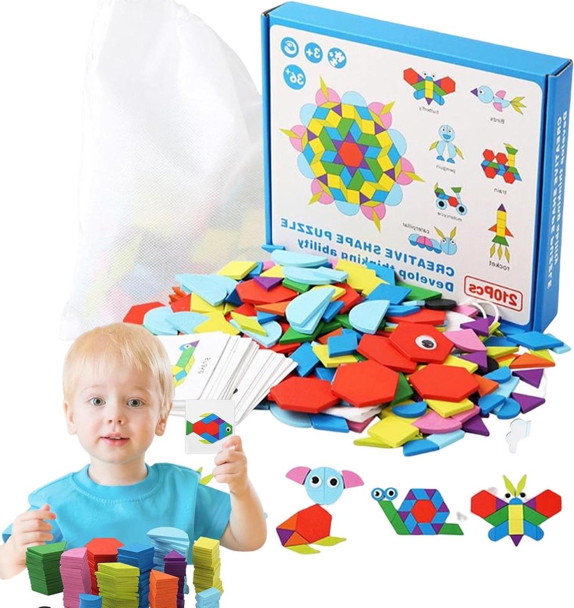 Tangram Puzzel - Patroonblokken Geometrisch Spel - Creatieve Ontwikkeling - 210 Stuks Houten Blokken