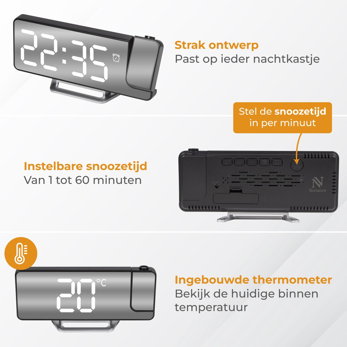 Nuvance Digitale Wekker met Projectie - Digitale Klok Slaapkamer - Snooze Functie - Wekkers Digitaal - Alarmklok — cadeau in Elektronica - foto 7
