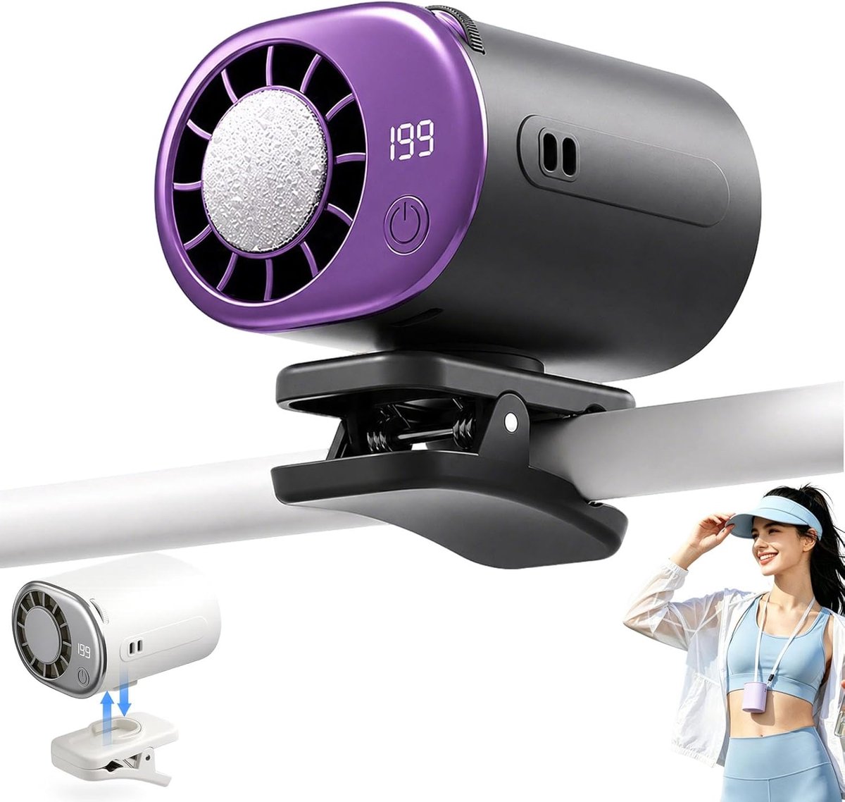 Ulisem - Auto klemventilator - 199 traploze snelheden - Led-scherm - 2000mAh oplaadbaar - 16°C elektrische koeling - 360° draaibaar - Stille motor - Voor kinderwagen en fiets - Zwart