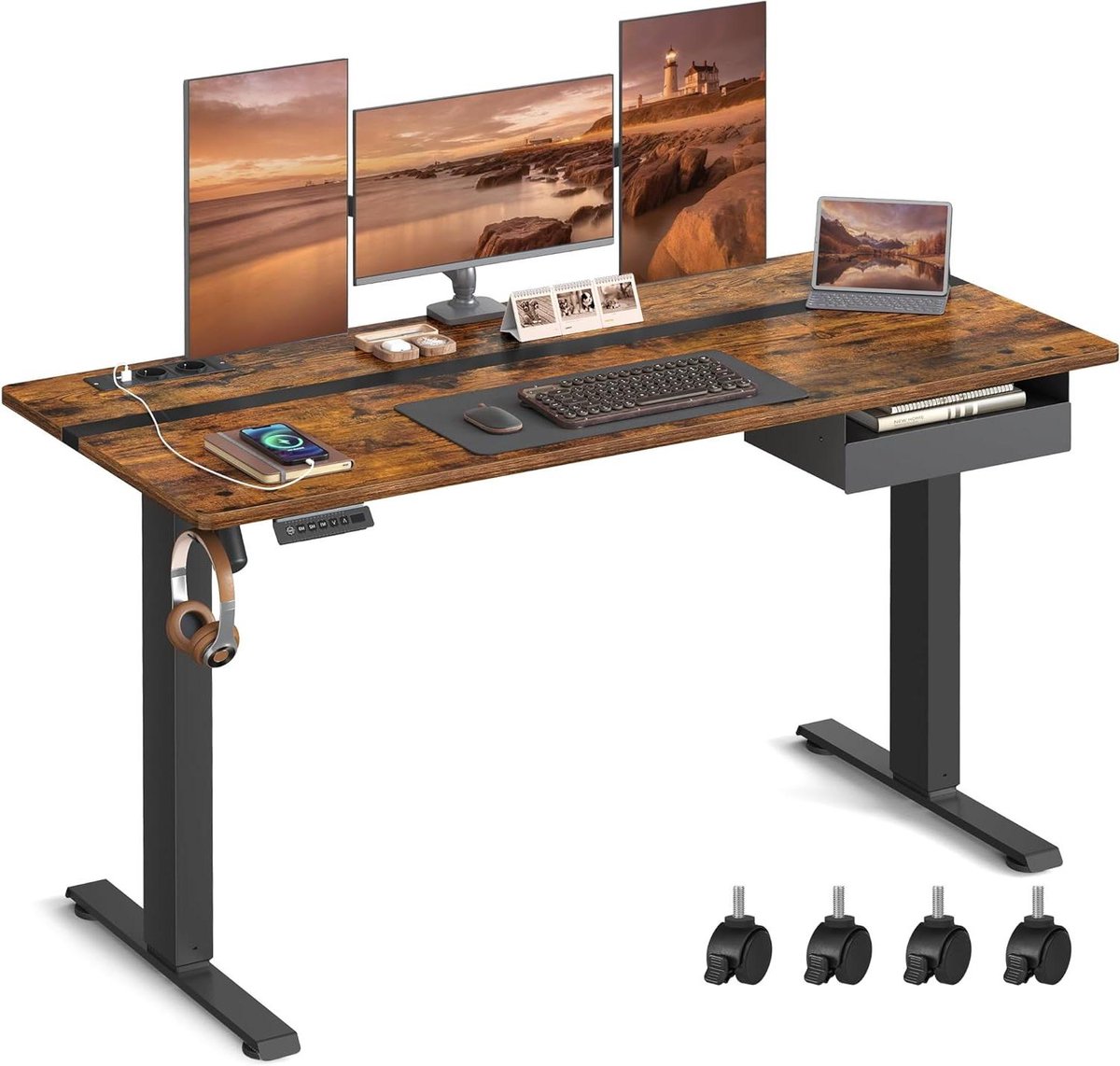 Bureau met Verstelling - Elektrisch bureau - Thuiswerken - Ingebouwd stopcontact - 160 x 70 cm - Vintage bruin