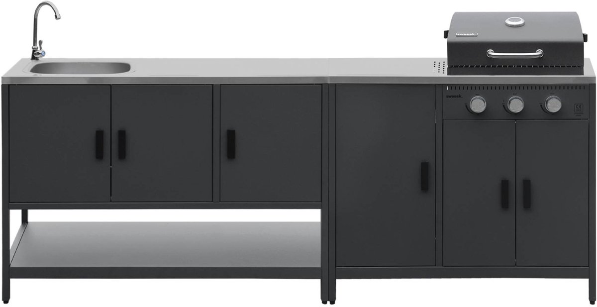 sweeek - 2 buitenkeukenmodules met gasbarbecue en gootsteen staal - naxos