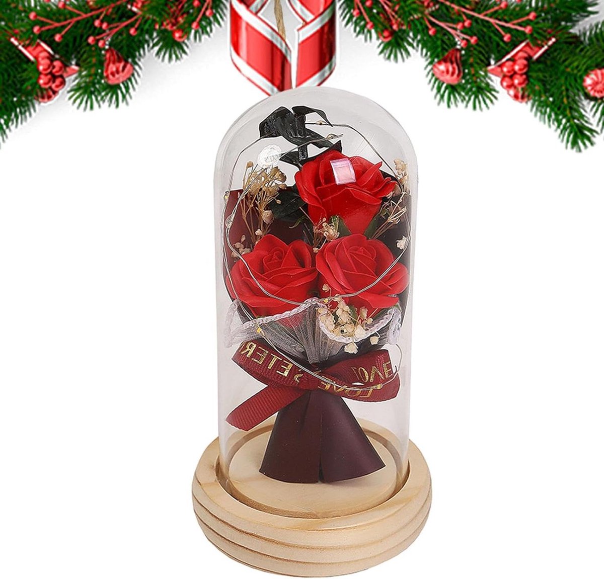 Geconserveerde Roos - Bloem onder glas - Romantiek tonen - Met LED verlichting - 9 x 16 cm - Rood