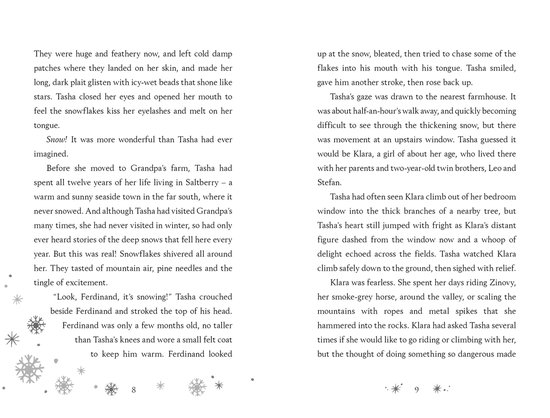 Illustratie van de titelpagina met de tekst 'The Snow Girl' en een winterse bos scène met dieren en kinderen.