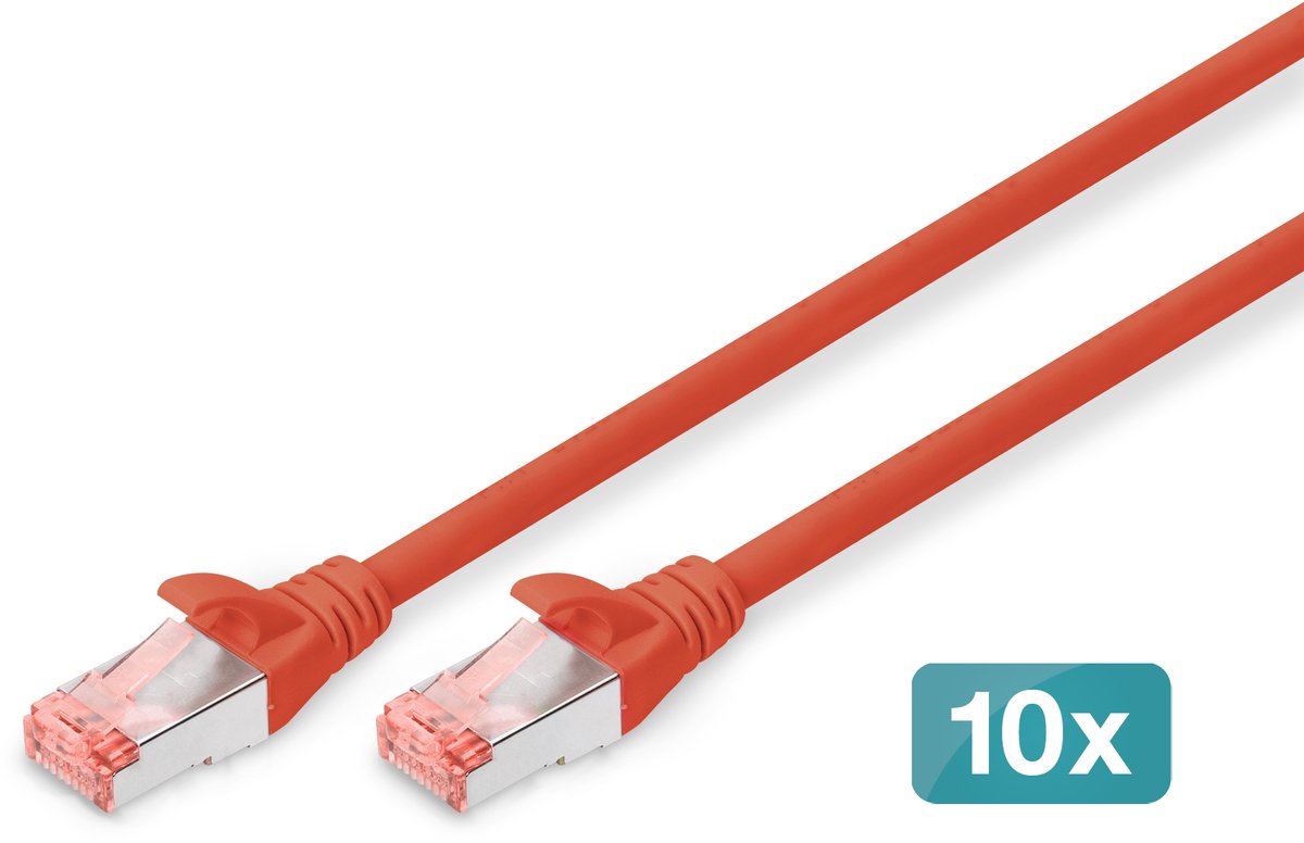Digitus DK-1644-020-R-10 RJ45 Netwerkkabel, patchkabel CAT 6 S/FTP 2.00 m Rood Folie afscherming, Afscherming totaal, Afgeschermd, Halogeenvrij, Simplex,