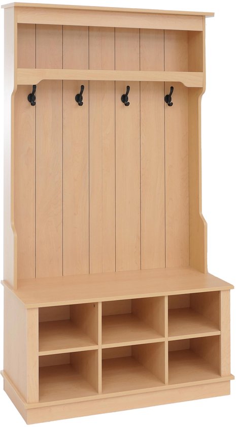 Houten garderobekast met open vakken voor schoenen, een zitbank, vier zwarte haken en een bovenste plank.