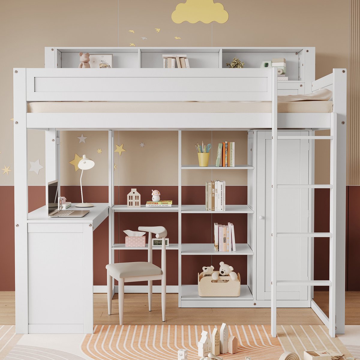 REDOM - Stapelbed - Met Bureau En Kledingkast - Met Opbergrekken - Tijdloos - Hout En MDF - Wit - 90x200 Cm