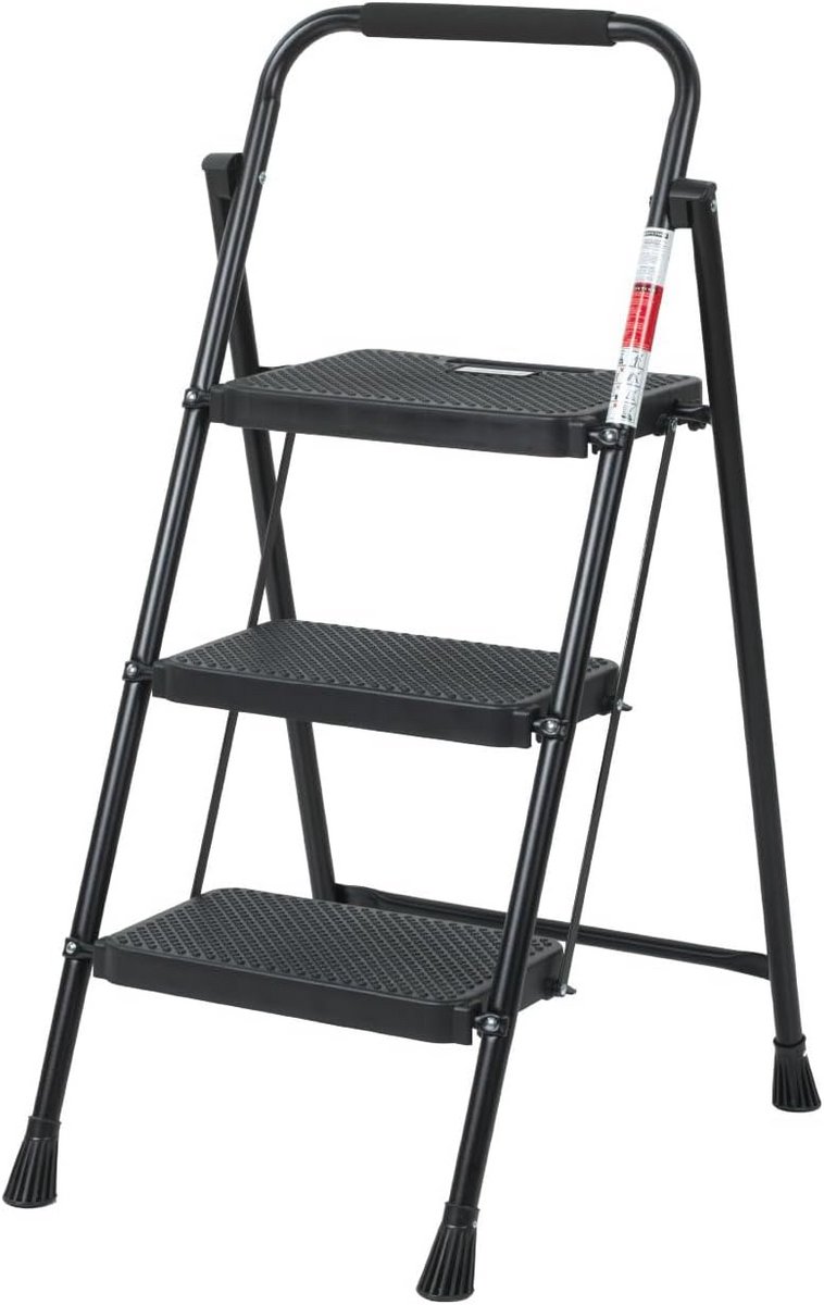 Vouwbare Keukentrap - Huishoudtrap 3 treden - Veilig Klussen - Lichtgewicht Aluminium - 76 Centimeter - Zwart