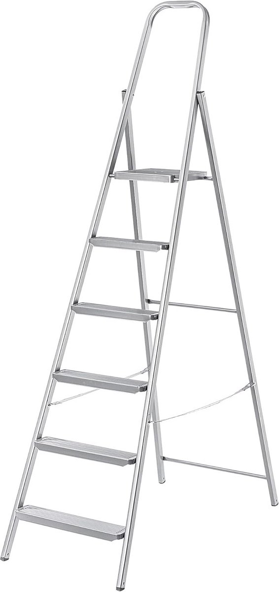 Stalen ladder - Trapladder vouwladder - Huishoudelijk werk - Antislipvoeten brede treden - 6 treden - Zilver