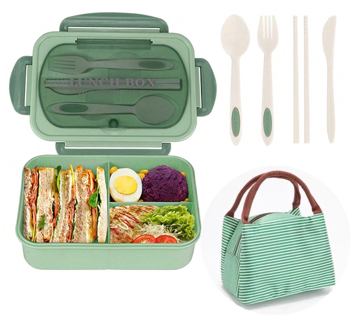 Bento Box voor Volwassenen - 1200ml Lekvrij met Bestek - BPA-vrij Magnetronbestendig - 3 Vakken - Groen - 1 Stuk