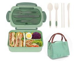 Bento Box voor Volwassenen - 1200ml Lekvrij met Bestek - BPA-vrij Magnetronbestendig - 3 Vakken - Groen - 1 Stuk