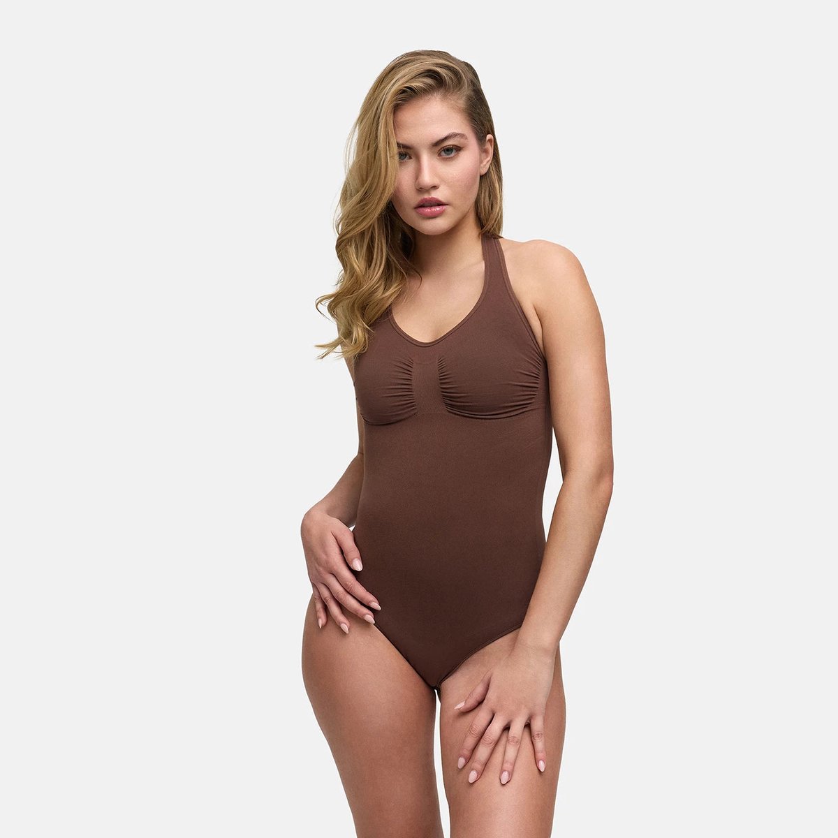 cfab - Halterbodysuit met bijpassend slipje - Bruin, L - Corrigerende Body - Naadlos - corrigerend ondergoed dames