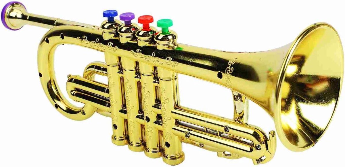 Kindertrompet Speelgoed - Muziek Instrument - Muzikale Ontdekking - Vier Gekleurde Toetsen - 39 x 21 x 10 cm - Goudkleurig