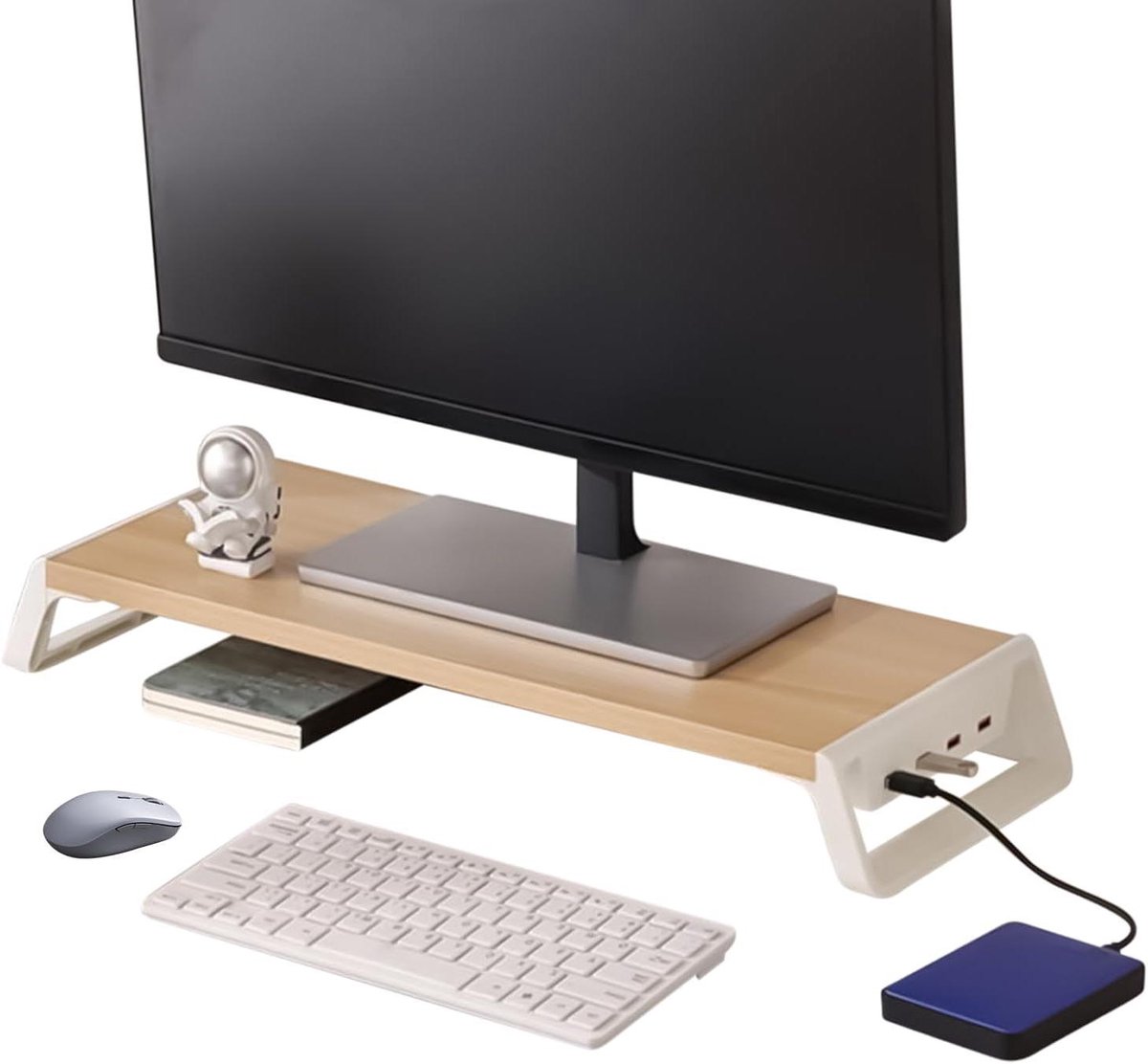 Monitor Verhoger - Bureau Organizer - Werkruimte Optimaliseren - Met 4 USB Poorten - 50 cm Breed - Houtkleur Wit