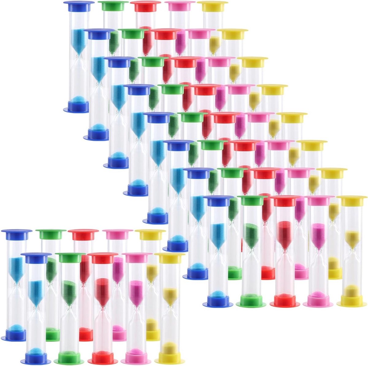 50 Stuks 1 Minuut Zandloper, 5 Kleurrijke Kleine Plastic Uurglazen, 8.6x2.5cm Zandklok voor Thuis en Kantoorgebruik
