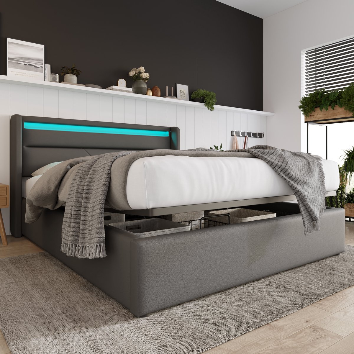 HAUSS SPOLE Gestoffeerd Bed 140x200 cm - Met Led Hoofdbord en Opbergruimte - Met Matras - PU - Grijs