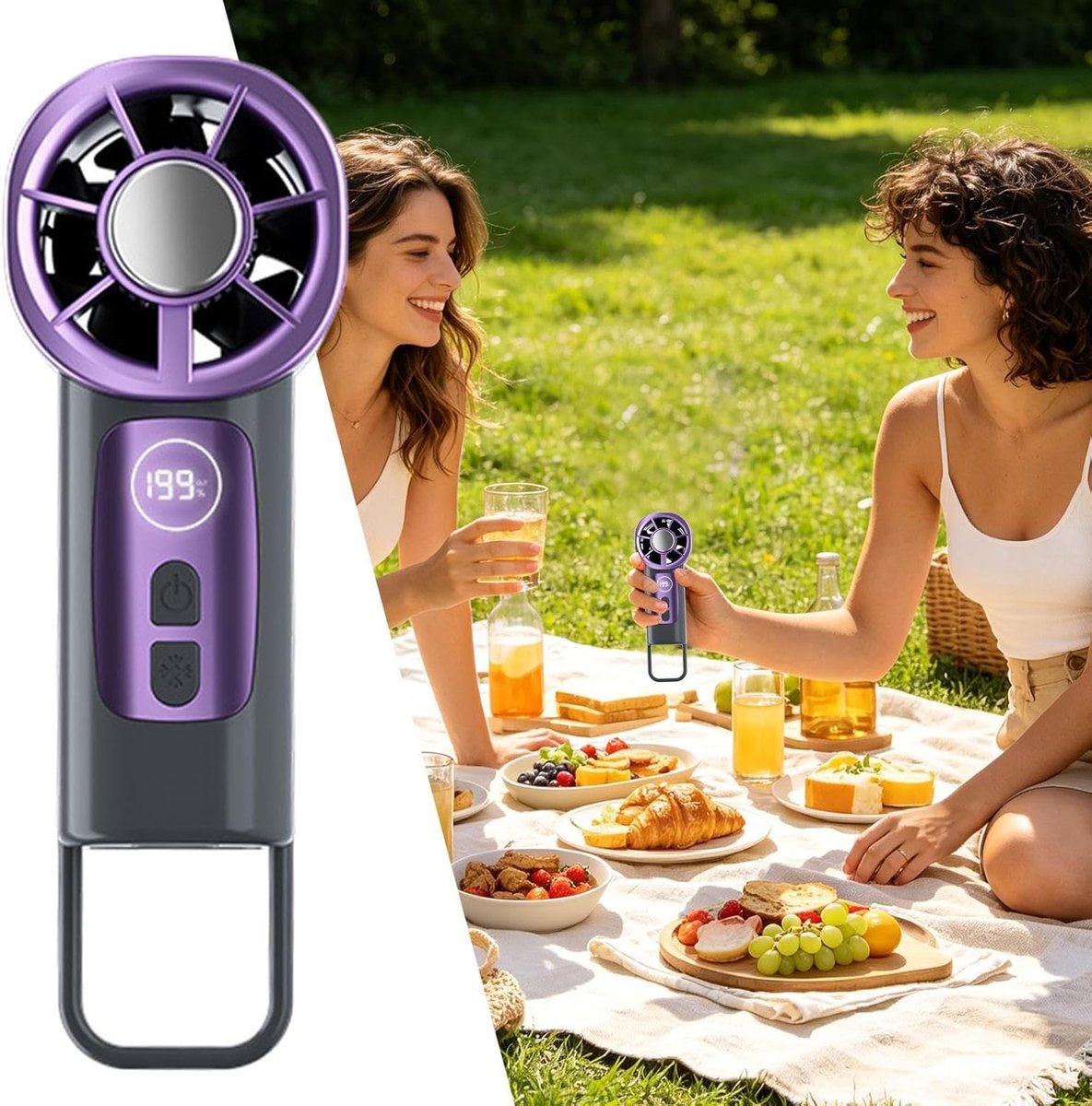 Auto Ventilator - 199 Verstelbare Koelstanden - met Clip & Haak - LED Display USB Oplaadbaar Handventilator - voor Kinderen, Volwassenen, Reizen, Auto, Camping, Strand, Keuken - Zwart - 1 Stuk