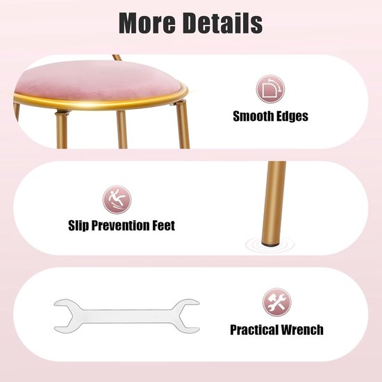 Make-upstoel Fluwelen - Kapstoel Meisjes - Comfortabel Zitten - Stabiele Metalen Frame - 45cm Zithoogte - Donker Roze — afbeelding 5
