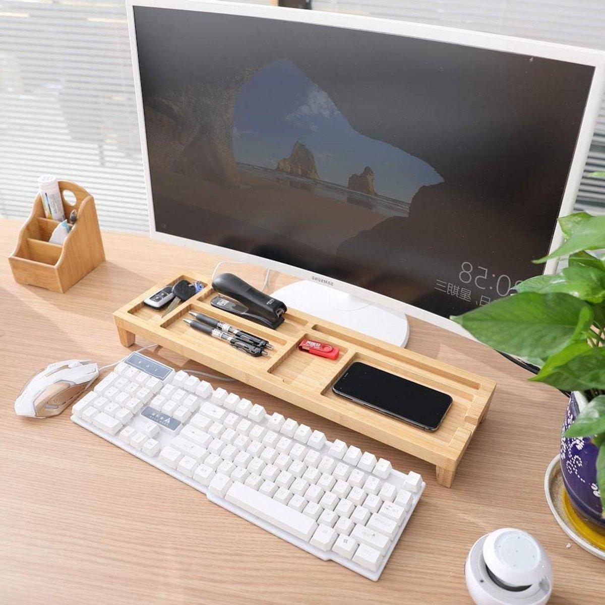 Monitorstandaard Bureau Organizer - Monitorverhoger Laptopstandaard - Ergonomisch Werken - Met Telefoon & Pennenbak