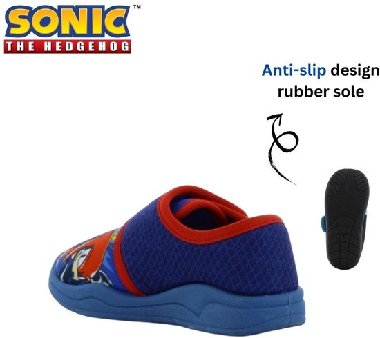 Blauwe pantoffel met Sonic The Hedgehog print, klittenbandsluiting en rode randen. De zool is een anti-slip rubberen zool.